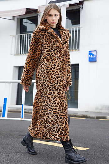 Brązowy Leopard Karbowany Lapel Faux Fur Shearling Coat