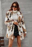 Biały i brązowy szal Lapel Midi Faux Fur Shearling Coat