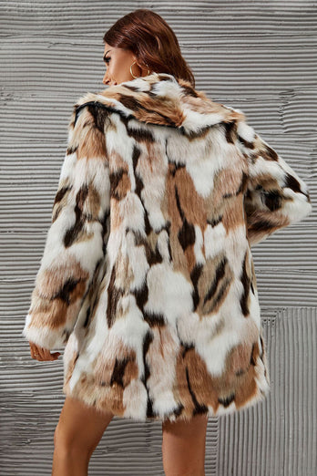 Biały i brązowy szal Lapel Midi Faux Fur Shearling Coat