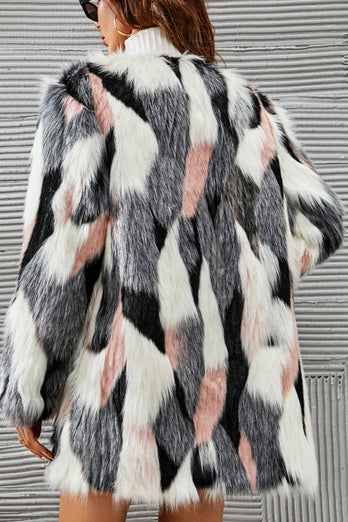 Biały i różowy szal Lapel Midi Faux Fur Shearling Coat