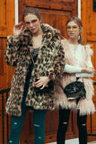 Brązowy Leopard Lapel Neck Midi Faux Fur Shearling Coat