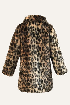 Brązowy Leopard Lapel Neck Midi Faux Fur Shearling Coat