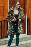 Brązowy Leopard Lapel Neck Midi Faux Fur Shearling Coat