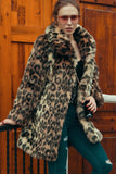 Brązowy Leopard Lapel Neck Midi Faux Fur Shearling Coat