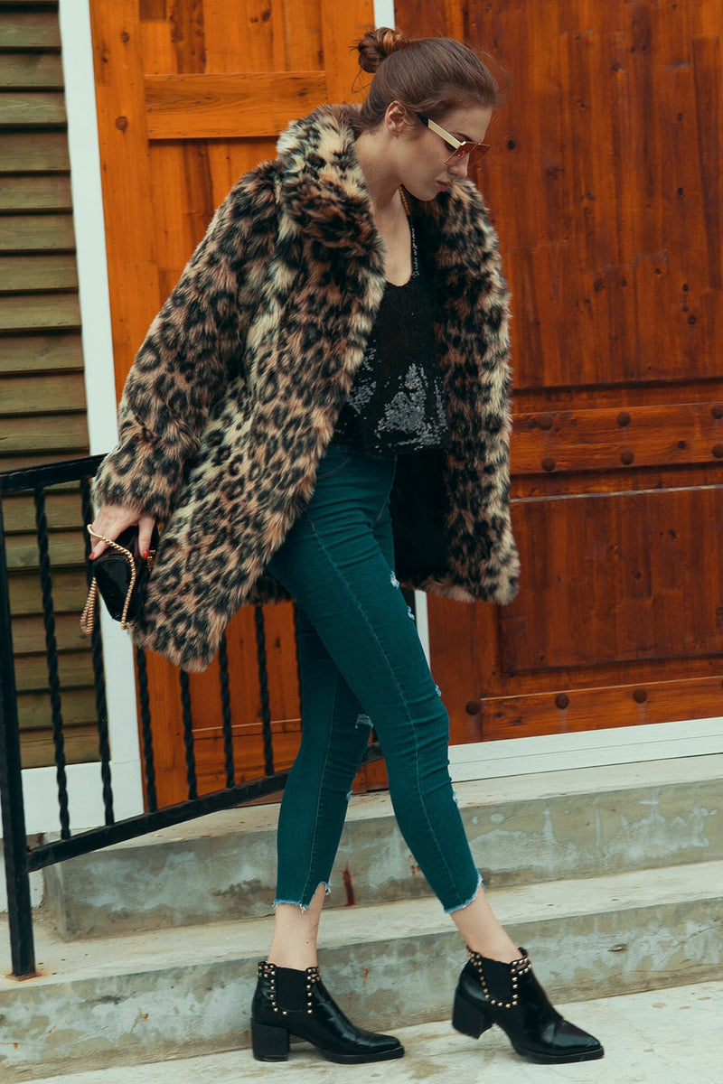 Załaduj obraz do przeglądarki galerii, Brązowy Leopard Lapel Neck Midi Faux Fur Shearling Coat