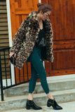 Brązowy Leopard Lapel Neck Midi Faux Fur Shearling Coat