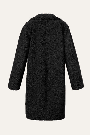 Czarna karbowana klapa Długi płaszcz do strzyżenia ze sztucznego futra
