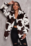 Biały wzór krowy Midi Faux Fur Shearling Coat