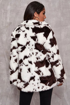 Biały wzór krowy Midi Faux Fur Shearling Coat