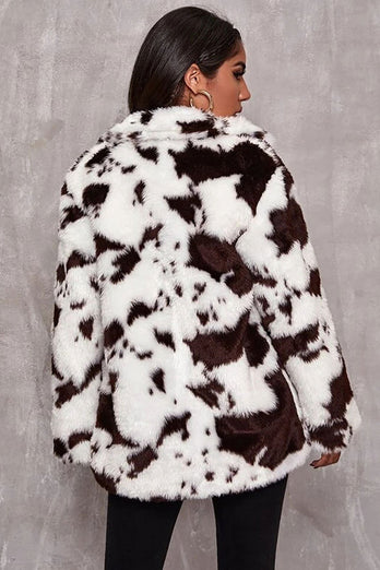 Biały wzór krowy Midi Faux Fur Shearling Coat