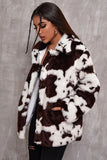 Biały wzór krowy Midi Faux Fur Shearling Coat