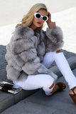 Szary Puszysty Cropeed Szal Klapa Faux Fur Shearling Coat