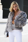 Szary Puszysty Cropeed Szal Klapa Faux Fur Shearling Coat