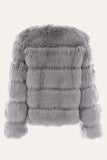 Szary Puszysty Cropeed Szal Klapa Faux Fur Shearling Coat