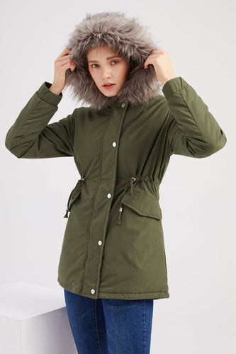 Płaszcz z polaru Army Green o średniej długości z kapturem zimowy ciepły plus
