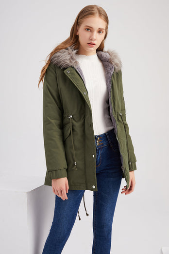 Płaszcz z polaru Army Green o średniej długości z kapturem zimowy ciepły plus