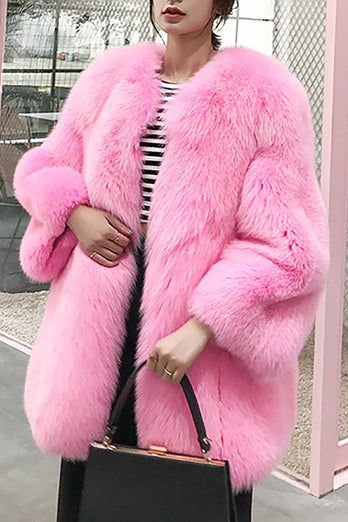 Gorący różowy szal klapa oversize sztuczne futro damski płaszcz