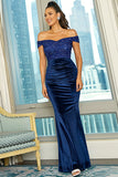 Royal Blue Off the Shoulder Scekinowa pochwa długa sukienka na studniówkę