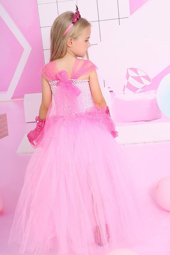 Glitter Pink Tulle Long Girl Halloween Dress Set