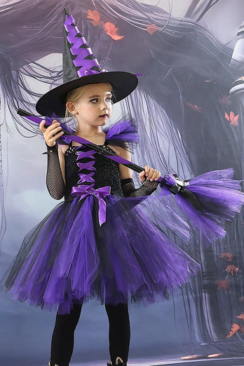 Purple Square Neck Tiul Halloween Girl Dress Set