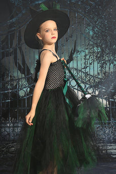 Ciemnozielony sznurowany przód tiul Halloween Sukienka dla dziewczynki