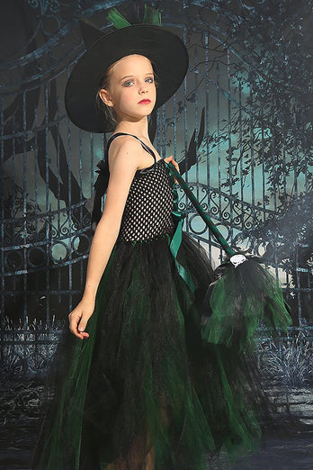Ciemnozielony sznurowany przód tiul Halloween Sukienka dla dziewczynki