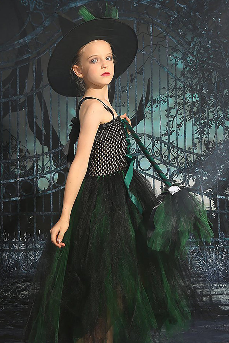 Załaduj obraz do przeglądarki galerii, Ciemnozielony sznurowany przód tiul Halloween Sukienka dla dziewczynki