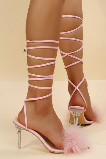 Różowe pióra Szpilki ze szpiczastym palcem Sandały szpilkowe ze sznurowaniem