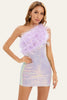Załaduj obraz do przeglądarki galerii, Purple Bodycon One-Shoulder Sequin Patchwork Homecoming Sukienka z piórkiem
