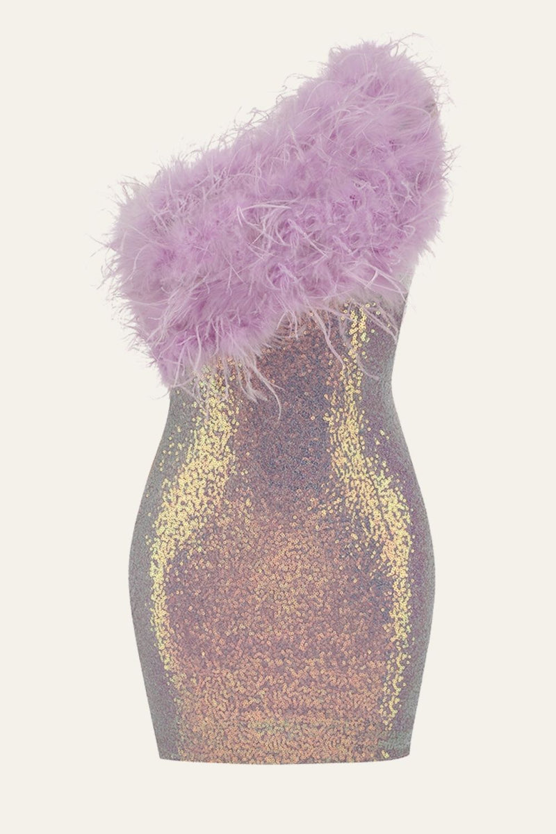 Załaduj obraz do przeglądarki galerii, Purple Bodycon One-Shoulder Sequin Patchwork Homecoming Sukienka z piórkiem