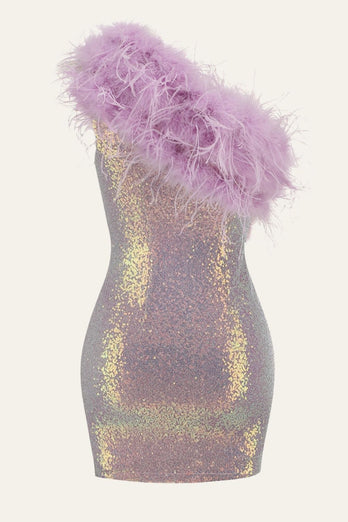 Purple Bodycon One-Shoulder Sequin Patchwork Homecoming Sukienka z piórkiem