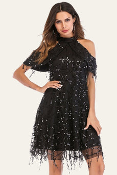 Czarny A-Line Stójka Cold Shoulder Tassel Cekinowa sukienka na Halloween