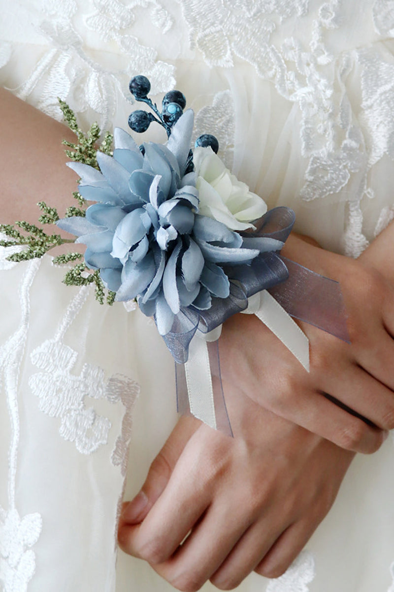 Załaduj obraz do przeglądarki galerii, Szaro-niebieski stanik na nadgarstek i męski zestaw butonierek na bal weselny