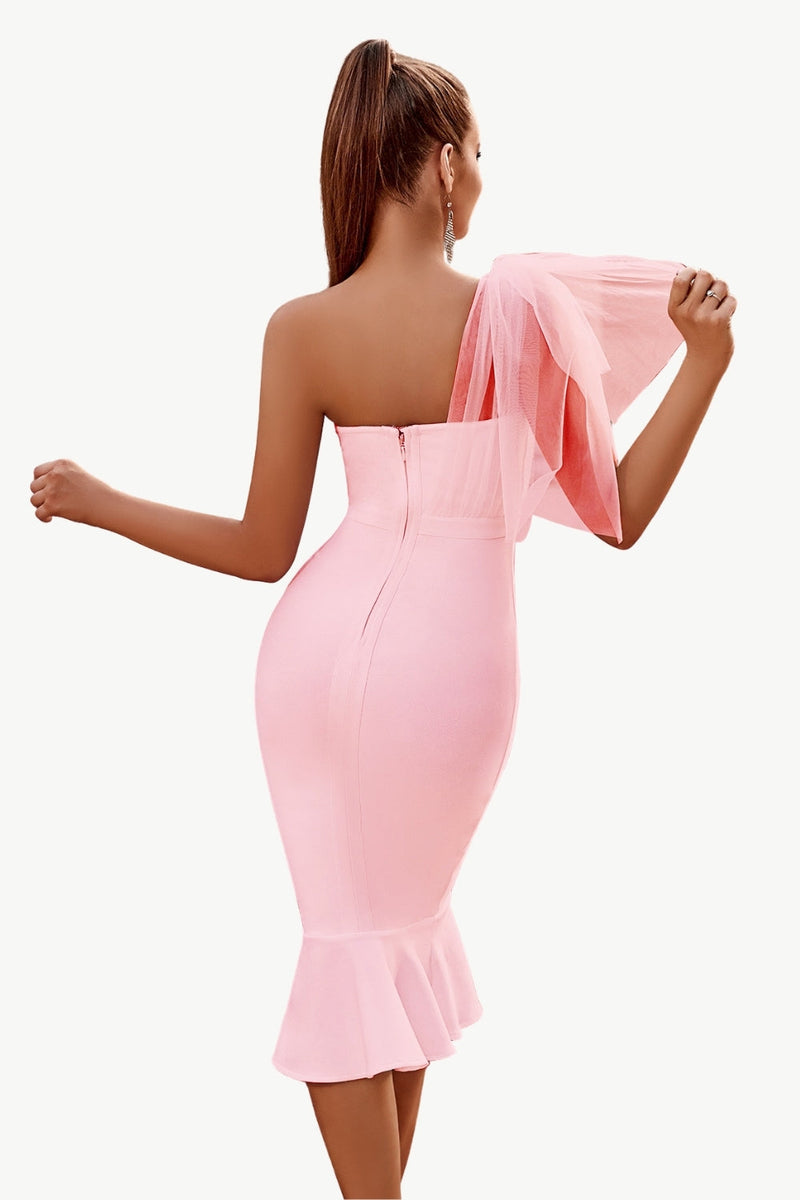Załaduj obraz do przeglądarki galerii, Różowa Sukienka Koktajlowa Midi Syrenka Na Jedno Ramię