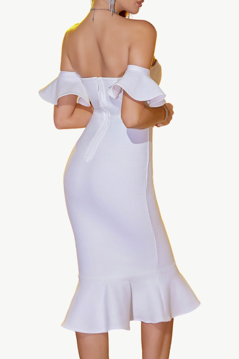 Załaduj obraz do przeglądarki galerii, Biała Midi Sukienki Na Impreze Z Odkrytymi Ramionami Z Falbankami