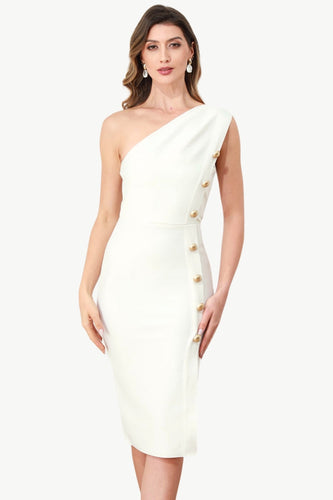 Biała sukienka bodycon na jedno ramię z guzikami