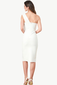 Biała sukienka bodycon na jedno ramię z guzikami
