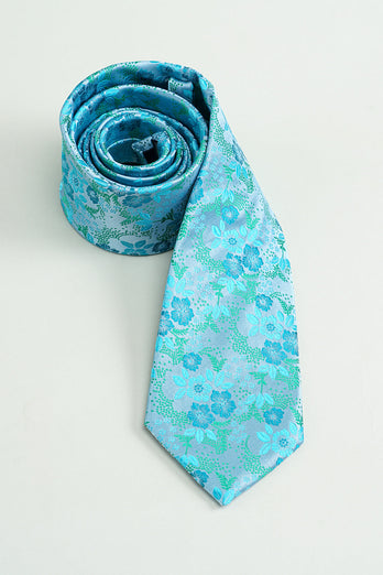 Niebieski Żakardowy Satynowy Krawat w Kwiaty