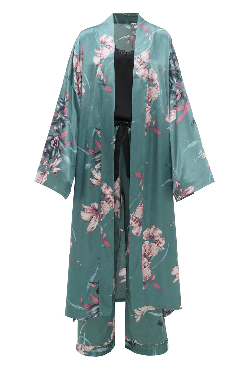 Zielone Szlafrok Kimono Ślubny w Kwiaty z Rękaw