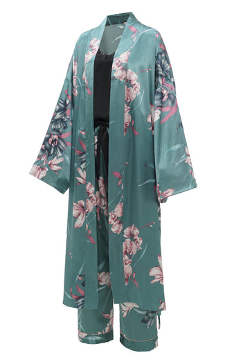 Zielone Szlafrok Kimono Ślubny w Kwiaty z Rękaw