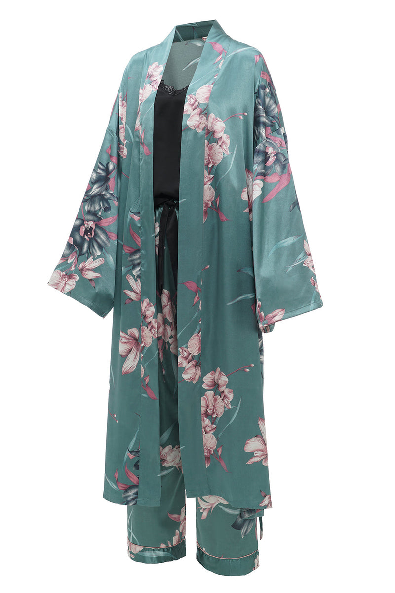 Załaduj obraz do przeglądarki galerii, Zielone Szlafrok Kimono Ślubny w Kwiaty z Rękaw