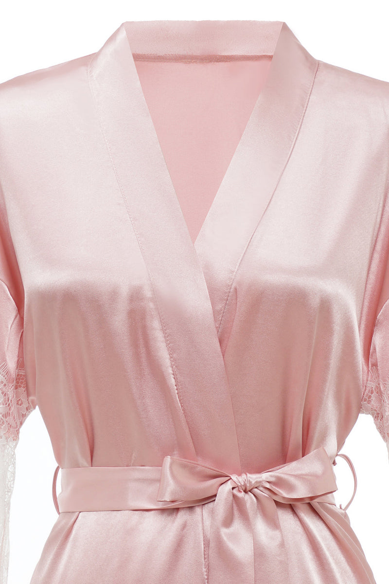 Załaduj obraz do przeglądarki galerii, Różowa Szlafrok Ślubny Kimono z koronką