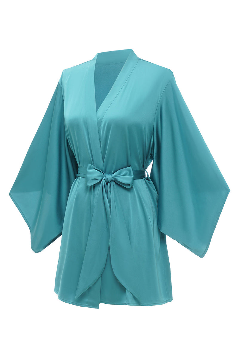 Załaduj obraz do przeglądarki galerii, Niebieska Satynowe Krótkie Szlafrok Ślubny Kimono