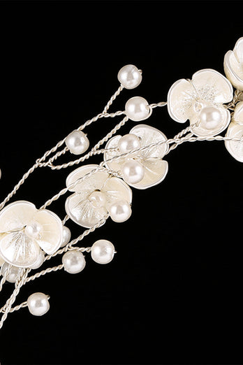 Kwiatowa biała opaska do włosów ślubna z perłą