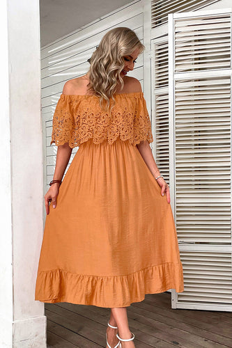 Pomarańczowa Sukienki Letnie Boho z Odkrytymi Ramionami