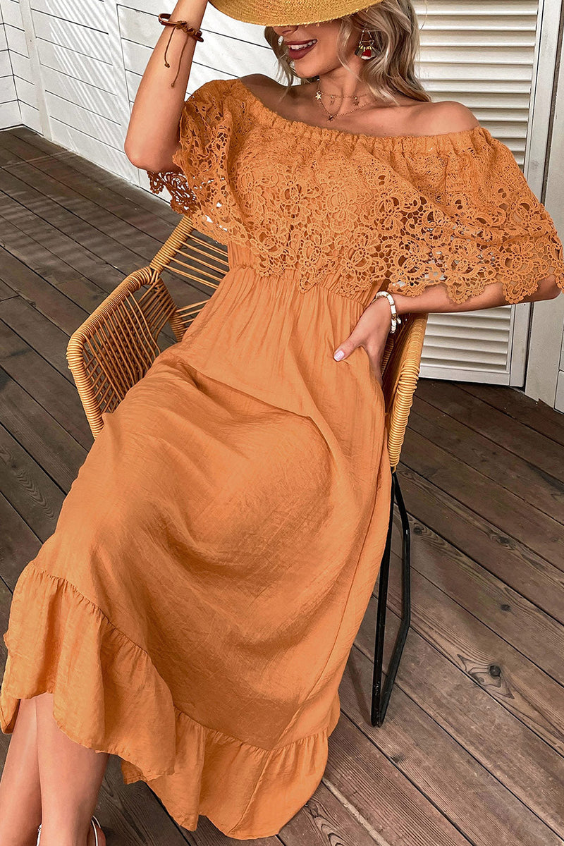 Załaduj obraz do przeglądarki galerii, Pomarańczowa Sukienki Letnie Boho z Odkrytymi Ramionami