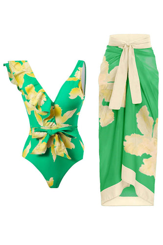 Dwuczęściowy Zestaw Zielonych Bikini Z Nadrukiem Ze Spódnicą Plażową
