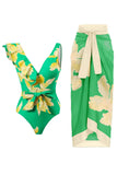 Dwuczęściowy Zestaw Zielonych Bikini Z Nadrukiem Ze Spódnicą Plażową