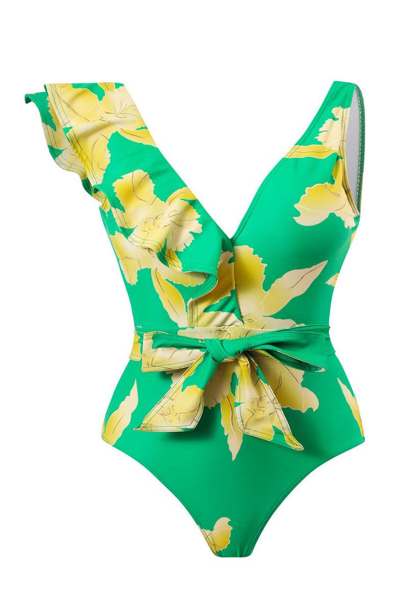 Załaduj obraz do przeglądarki galerii, Dwuczęściowy Zestaw Zielonych Bikini Z Nadrukiem Ze Spódnicą Plażową
