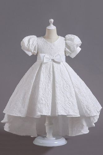 Biała Dekolt V Sukienki Dla Dziewczynek z Krótki Rękaw